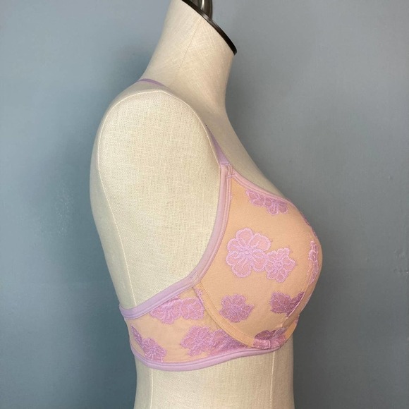 PINK Victoria's Secret Purple Beige Lightly Lined Hibiscus Underwire Bra 34DD - Picture 3 of 12